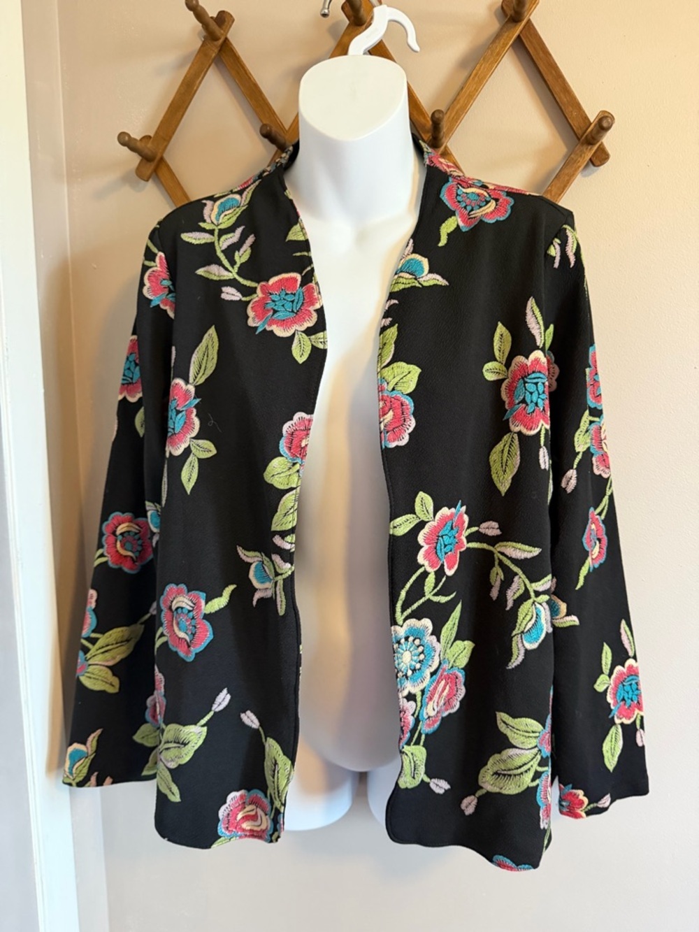 Vintage Libra Black Floral Open Front Kimono Jacket Large